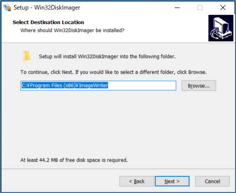 Win32DiskImagerのインストール先画面